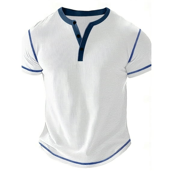 Men's Short Sleeve Henley Shirt Casual Stretchy Slim Fit T Shirt Basic Solid Tees Tops White L