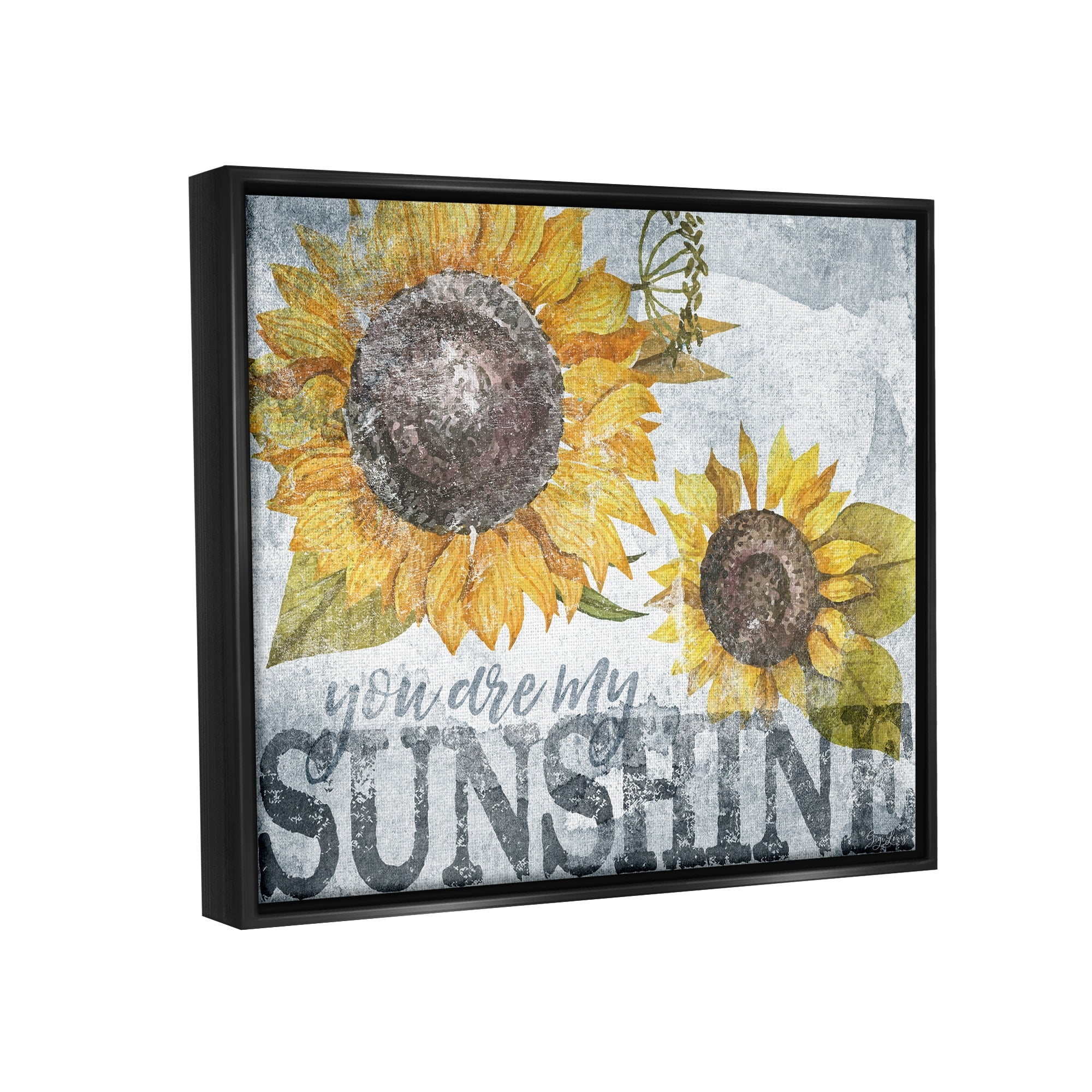 Stupell Industries You Are My Sunshine Quote Distressed Sunflower Design Jet Black Framed Floating Canvas Wall Art, 16x20, by Gigi Louise