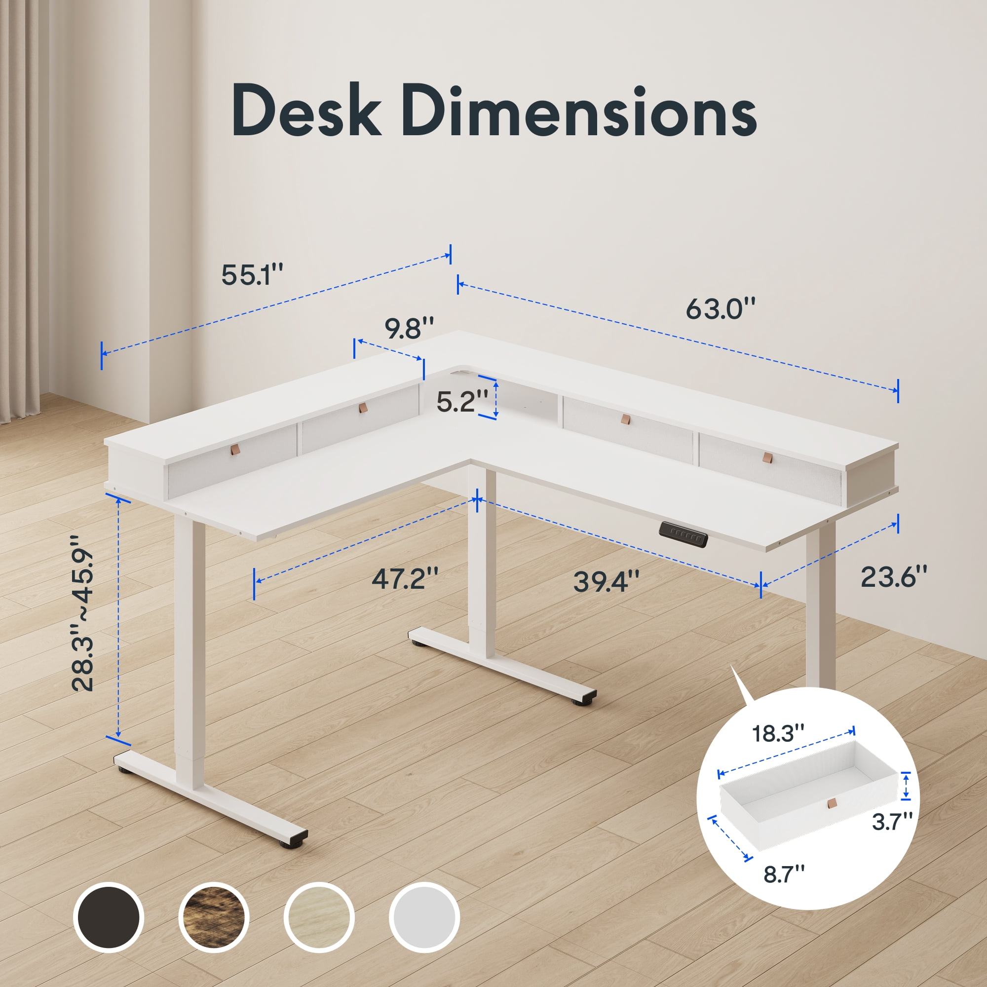 FitStand 63'' L Shaped Electric Standing Desk, Height Adjustable Electric Corner Standing Desk with Shelf and Drawers, White