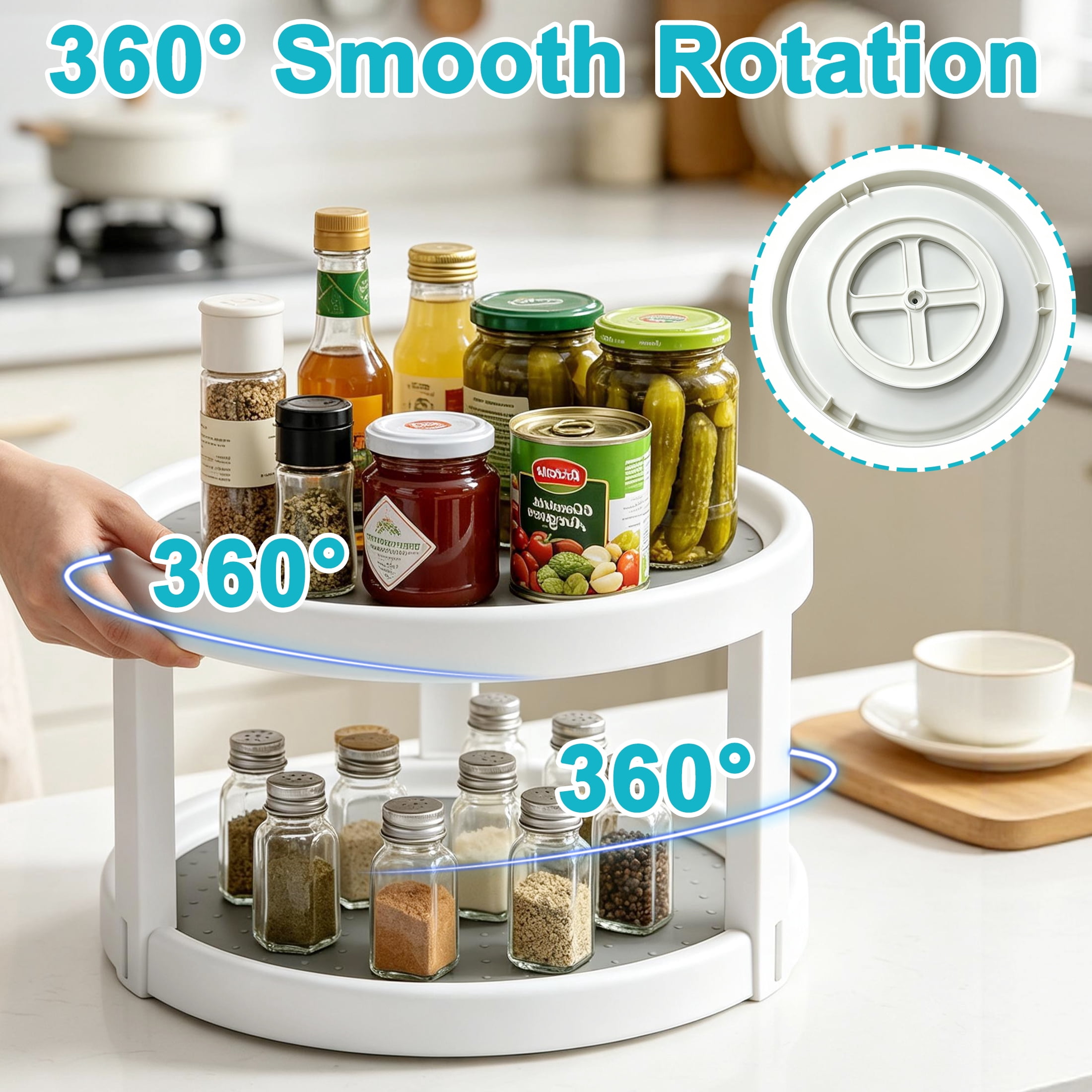 2-Tier Lazy Susan Turntable, Rotating Spice Rack, Turntable Rack for Cabinet, Non-Skid Lazy Susan Organizers for Kitchen Cabinet, Pantry and Countertop Organization