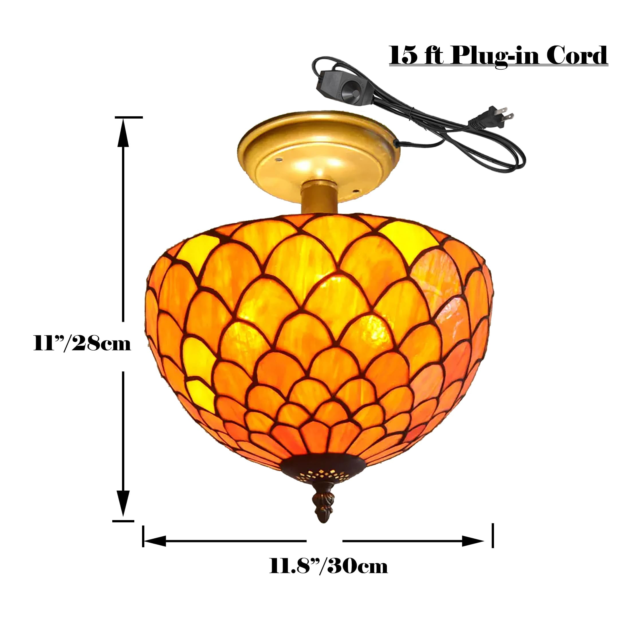 Kiven 11.8in Plug-in Flush Mount Ceiling Light Fixture, 2-Light Anti Glare Close to Ceiling Light with 15FT Cord, Tiffany-Style Glass Chandelier Dimmable for Bedroom Kitchen Hallway(No.3188)