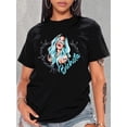 thumbnail image 1 of Stylish Black Casual Tee for Women with Teal-Haired Portrait & Letter Print - Round Neck, Short Sleeve, 100% Polyester, Machine Washable - Perfect for Spring/Summer/Fall, 1 of 8
