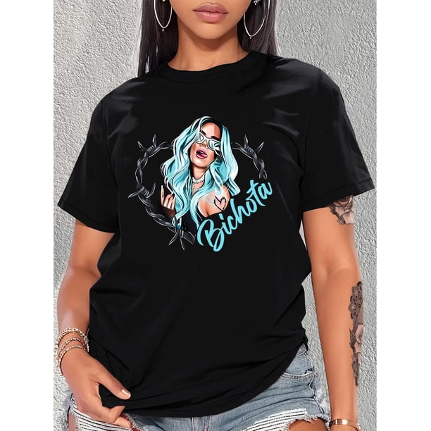 Camiseta De Verano Para Mujer, Cuello Redondo, Para Mochilero, Vacaciones En La CalleStylish Black Casual Tee for Women with Teal-Haired Portrait & Letter Print - Round Neck, Short Sleeve, 100% Poly