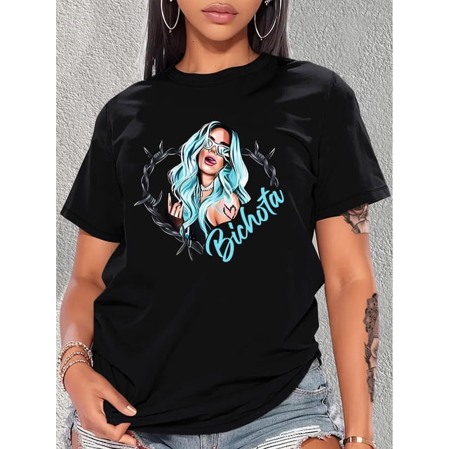 Stylish Black Casual Tee for Women with Teal-Haired Portrait & Letter Print - Round Neck, Short Sleeve, 100% Polyester, Machine Washable - Perfect for Spring/Summer/Fall