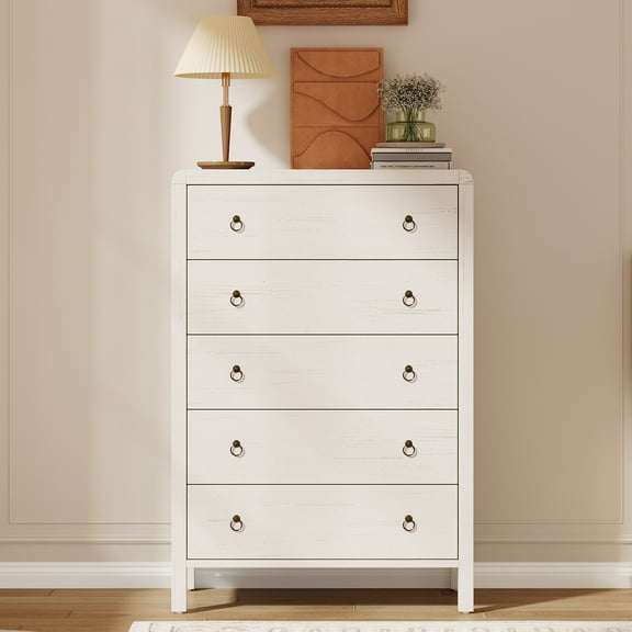 AOILE 5 Drawer Dresser for Bedroom, Modern Wood Chest of Drawers in White Finish, Rounded corners, Clothes Storage Organizer for Living Room, Hallway, or Closet