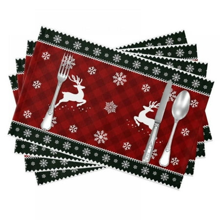 

Christmas Reindeer Placemats Set of 4 Winter Snowflake Xmas Tree Place Mats Dining Table Indoor Outdoor Red Black Plaid Table Mats for Kitchen/Christmas Party Decorations 13 x19