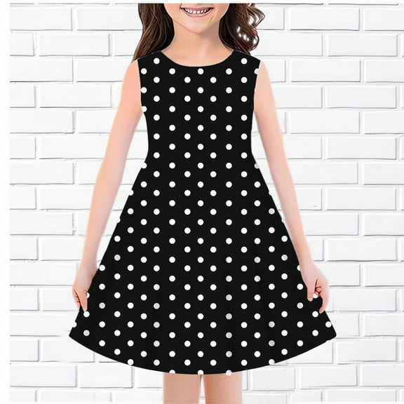 AUNVITO Girls Dresses Fashion Girls Summer New Sleeveless Round Neck Printed Dress