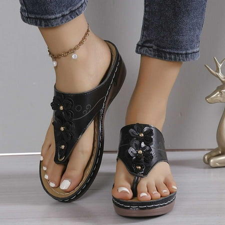 

Wavsuf Sandals for Women Casual Summer with Arch Support Solid Wide Black Sandals Shoes Size 9