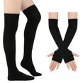 thumbnail image 2 of Resicozy 2 Pcs Striped Socks Women Thigh High Socks Knitted Arm Warmers Set Soft Stretchy Socks Long Striped Leg Warmers for Work Daily Travel Black, 2 of 3