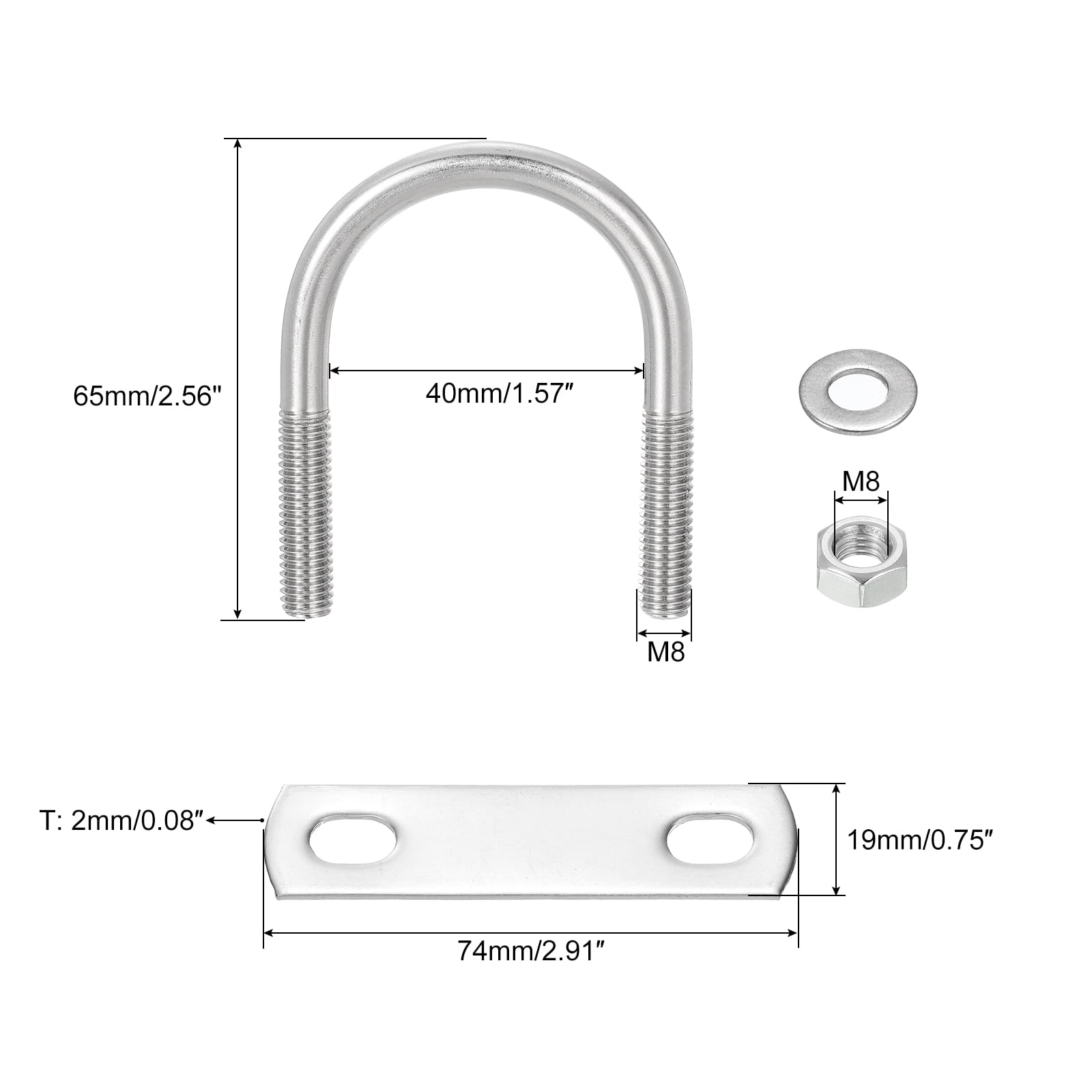 Round U-Bolts, 8 Sets 38mm(1.5") Inner Width 65mm Length M8 304 Stainless Steel U Clamp Bolt with Nuts and Plates