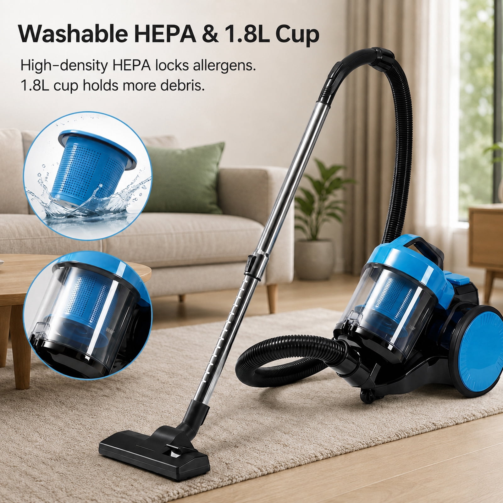 Alvantor Household Portable Vacuum Cleaner, 16Kpa Bagless Canister Cleaner, Lightweight Powerful Vacuum for Carpets and Hard Floors, 1.8L, with Washable HEPA Filter, Auto-Rewind