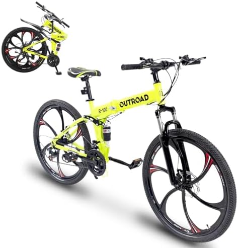 26 Inch Folding Mountain Bike, 21 Speed Full Suspension Bicycle with Dual Disc Brake, High-Carbon Steel Frame, Mountain Bicycle for Adults and Teenagers, Men/Women, Green$$Sport & Recreation Other