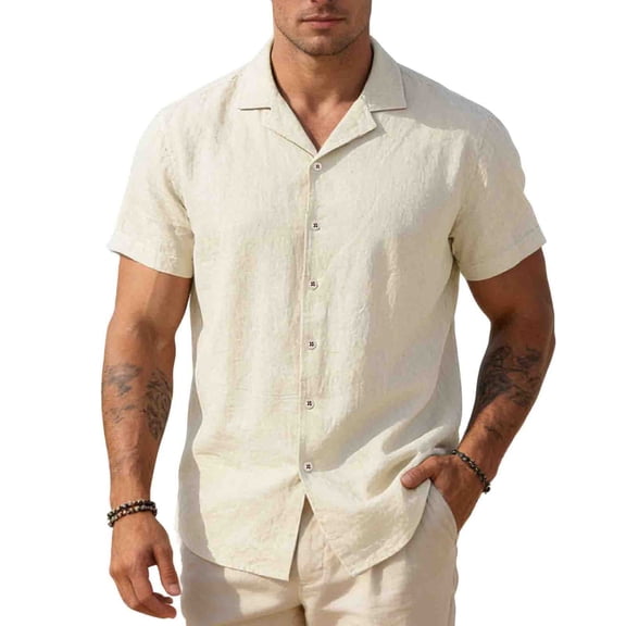 Chiccall Men's Cotton Linen Shirts Casual Short Sleeve Button Down Shirt Beach Vacation Summer Basic Tops