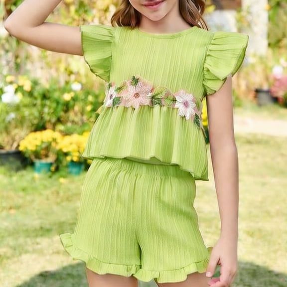 ITSAME Girls Outfit 2-Piece, Flower Embroidery Top and Ruffled Shorts Summer Casual Clothing Set Green Size 7-8