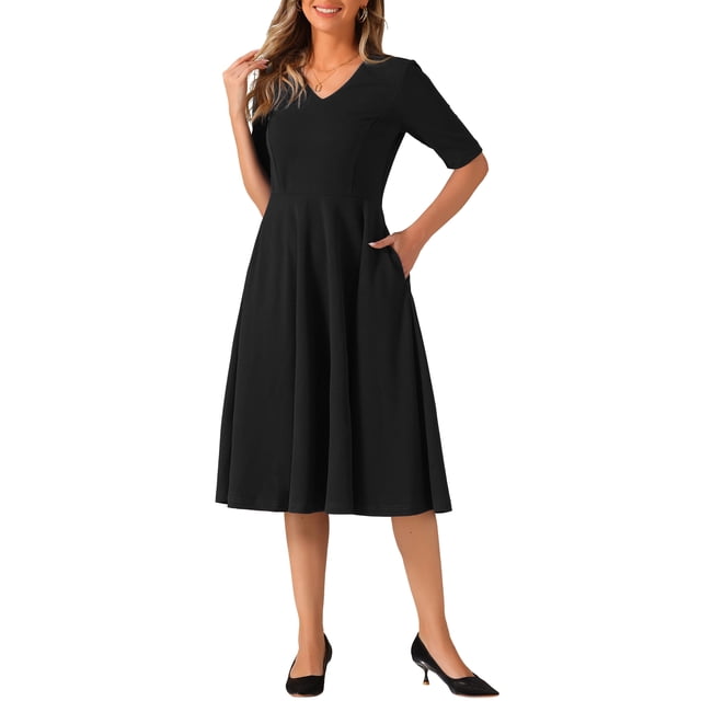 Vestidos vintage de los años 50 para mujeres, vestido midi con cuello en V, manga corta, vestido de vuelo con bolsillos, negro XS