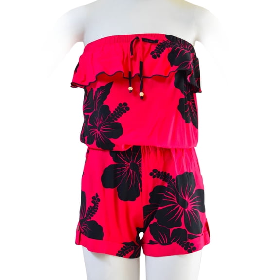 Favant Hibiscus Strapless Ruffle Short Romper Jumpsuit with Pockets