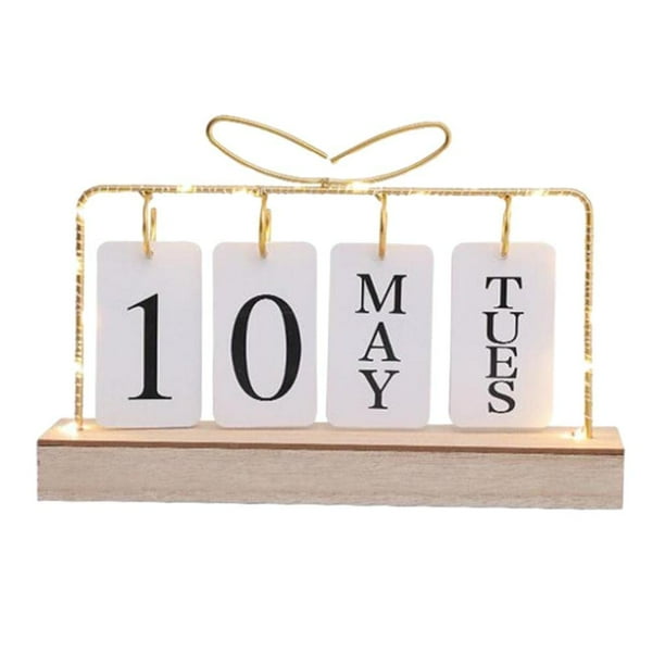 Calendario abatible genérico Mes, fecha y día Base de madera nórdica Marco de metal Delicado Reutilizable con luz perpetua para decoración