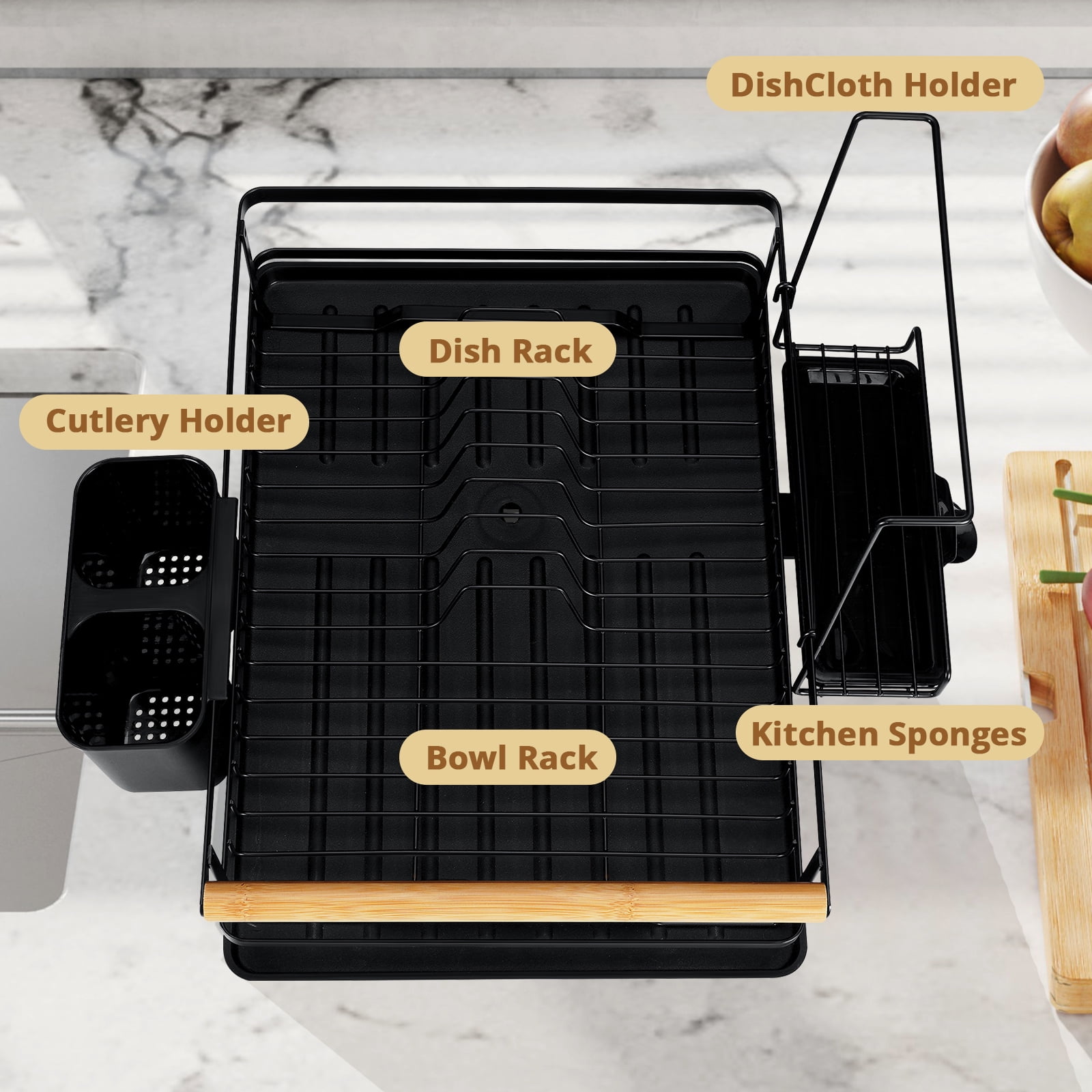 Dish Drying Rack, Dish Drainers for Kitchen Counter Dish Rack with Dishcloth Holder Kitchen Drying Rack 16L * 12W inches, Black
