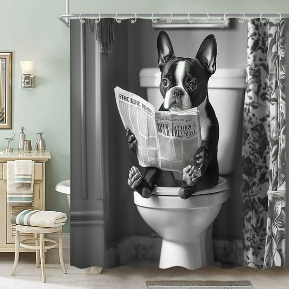 Funny Dog Kids Shower Curtain, Cute Dogs Read Book White and Black Shower Curtain Set, Farm Animal Fun Pet Puppy Shower Curtain for Boys Girls Bathroom Decor with 12 Hooks 72x72 inch