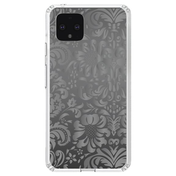DistinctInk Clear Shockproof Hybrid Case for Google Pixel 4 XL (6.3" Screen) - TPU Bumper, Acrylic Back, Tempered Glass Screen Protector - Shades of Grey Floral Pattern