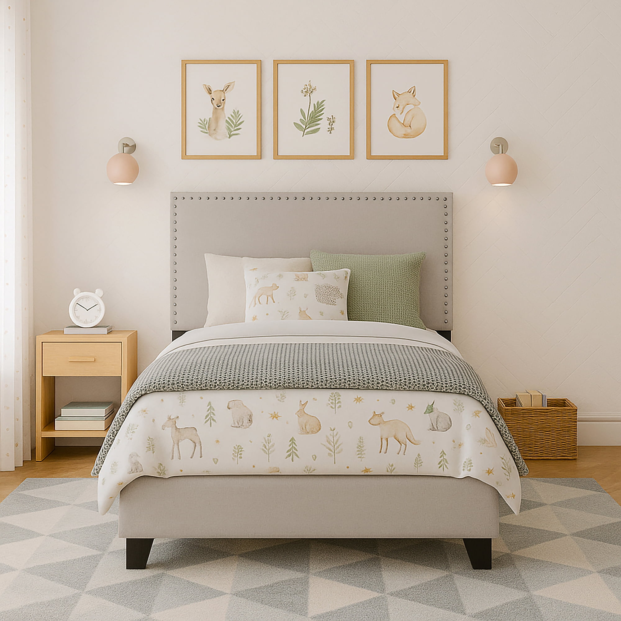 Willow Nailhead Trim Upholstered Twin Bed, Fog