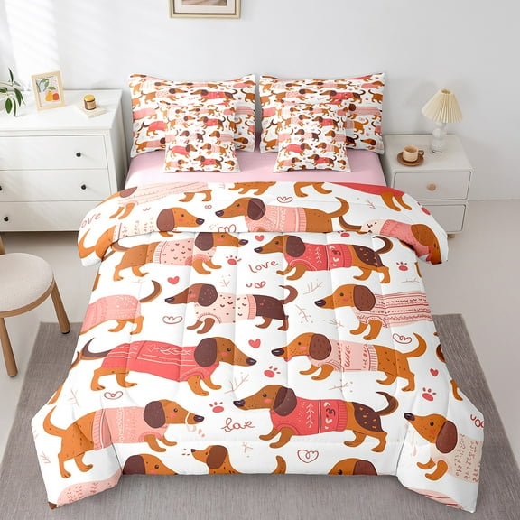 Erosebridal Cartoon Dachshund Bedding Sets Twin Size, Pet Lover Comforter Sets with Sheets, Kawaii Animal Reversible Bed Set, Lightweight Room Decorative, 7pcs