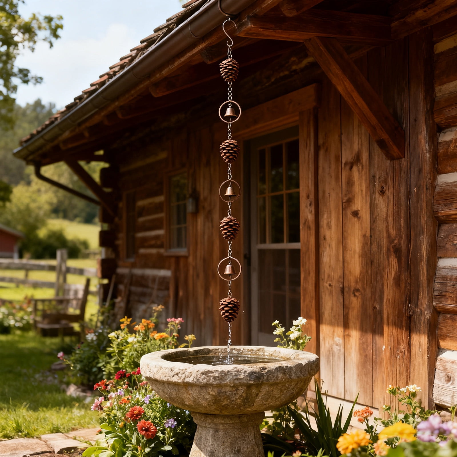 Umbrella Pinecone Rain Chain for Gutters, Iron Gold Outdoor Downspout Replacement for Patio Garden, No Tools Installation