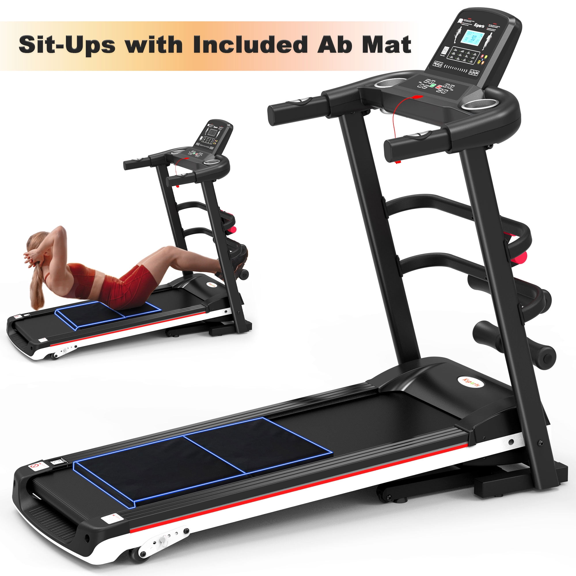Ksports Electric Treadmill Bundle with Rack, Mat, and Dumb Bells, Black