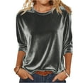 thumbnail image 2 of 3/4 Length Sleeve Velvet Shirts for Women Round Neck Gold Velour Dressy Tops Vintage Elegant Holiday Tunic Blouses, Dark Gray XL, 2 of 6
