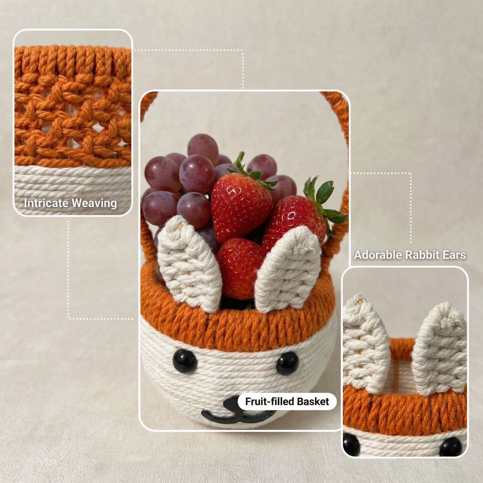 Hand Woven Iron Frame Small Flower Basket with Bunny Shape, Fruit Picking Basket, Egg Basket, Strawberry Basket, Souvenir Tote, Easter Decoration