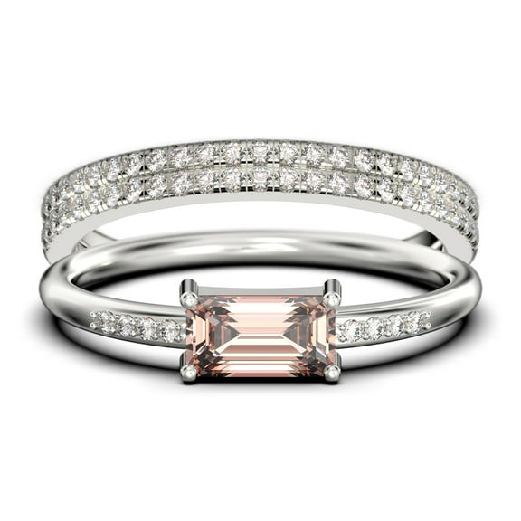 Beautiful Minimalist 1.95 Carat Emerald Cut Morganite And Diamond Moissanite Engagement Ring, Wedding Ring, Two Matching Band in Silver With 18k White Gold Plating, Gift For Her, Anniversary Ring