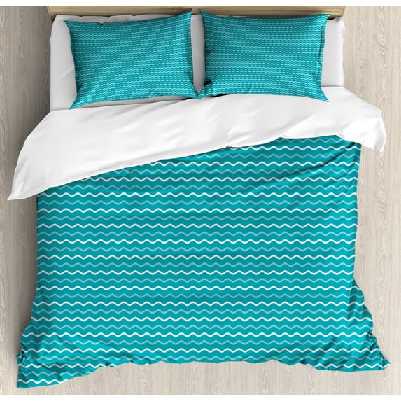 Stripes Duvet Cover Set Queen Size, Nautical Themed Pattern of Simplistic Wavy Lines Symmetrical Maritime, Decorative 3 Piece Bedding Set with 2 Pillow Shams, Sea Blue Seafoam White, by Ambesonne
