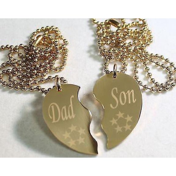 GOLD TONE IPG PERSONALIZED SPLIT HEART DAD SON NECKLACE SET STAINLESS STEEL