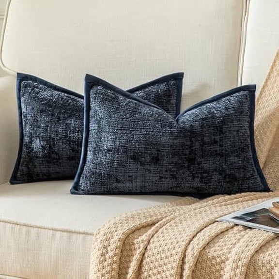 Eryueer Pack of 2 Chenille Textured Decorative Cushion Covers Accent Solid Throw Pillow Covers Soft Cozy Pillow Case with Velvet Back for Couch Sofa Bed Living Room 12x20 Inch 30x50cm Dark Blue