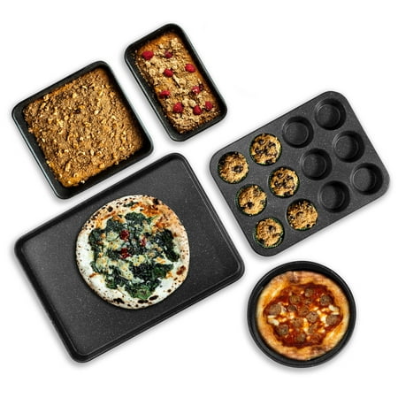 Granite Stone Pro 5 Piece Bakeware Set, 0.8MM Gauge, Durable Nonstick Surface, Oven Safe 550°F with No Warping, Dishwasher Safe, Cookie Sheet, Muffin Pan, Loaf Pan & Round Pan and XL Rectangular Tray