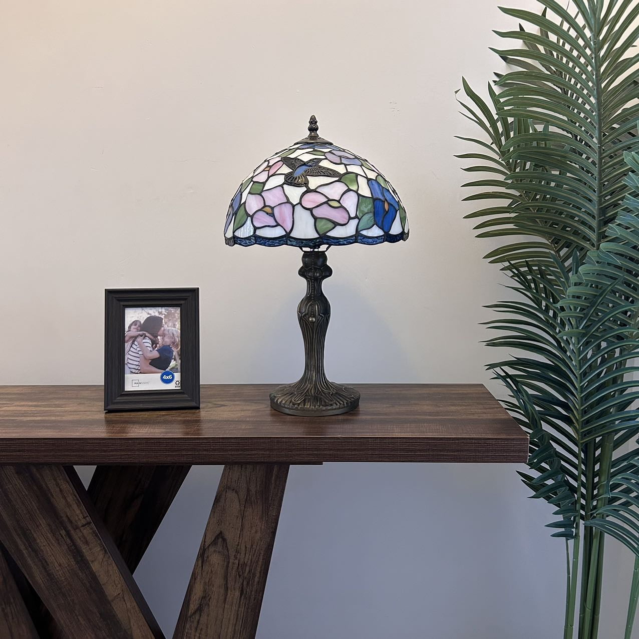 Pink Blue Stained Glass Table Lamp Hummingbird Flowers for Living Room Bedroom Bedside 12"W*12"D*19"H