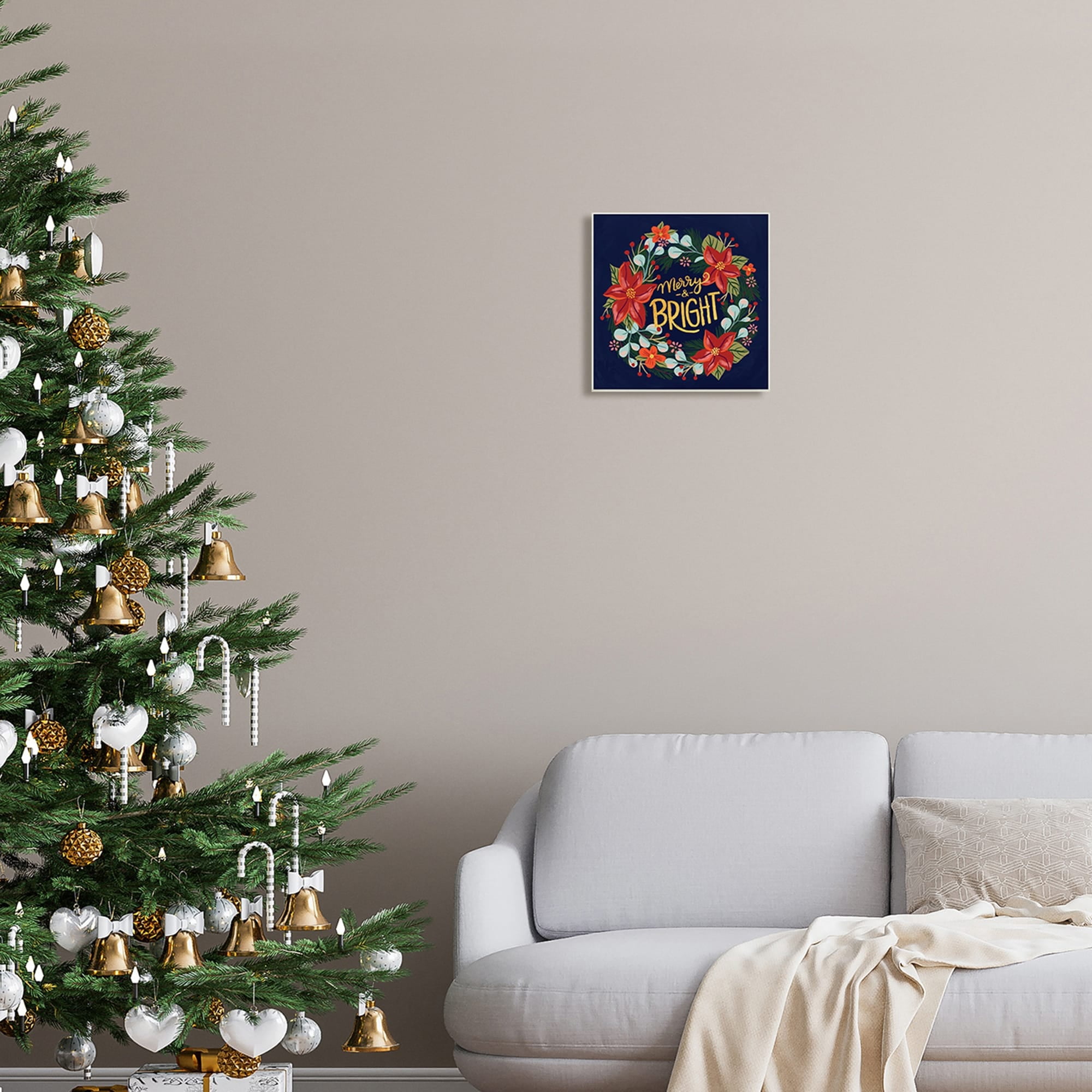 Merry And Bright Calligraphy Floral Poinsettia Wreath Botanical & Floral Graphic Art Unframed Art Print Wall Art