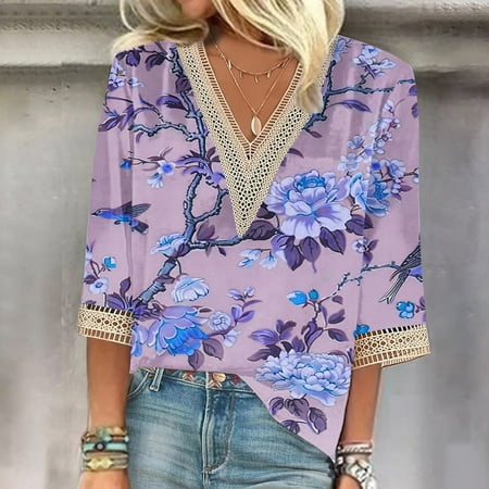 Qhnvtd Pirate Shirt Bandana Tops Women s Tops Babydoll Tops For Women Tshirts 2024 Women s Summer Printed Pullover V-Neck Lace T-Shirt 3/4 Sleeves Sleeve Top Purple