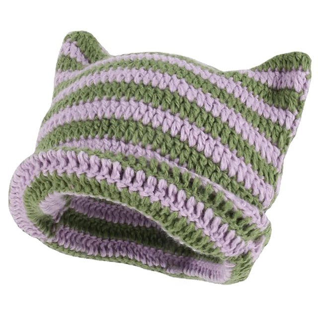 Gorro de invierno cálido y elástico con orejas de gato, tejido a rayas, morado y verde
