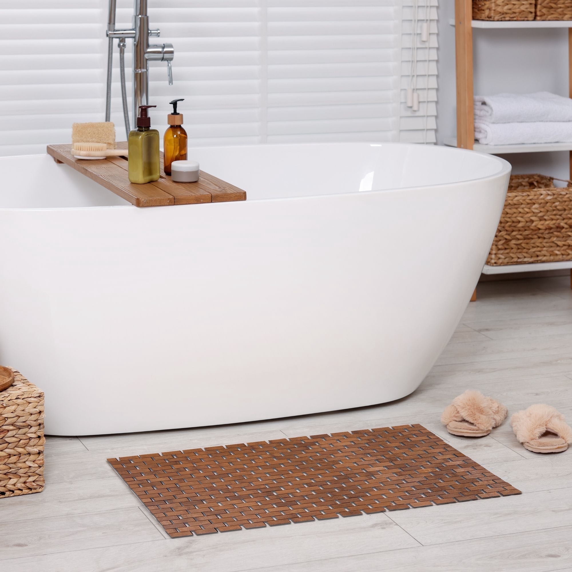 Evideco French Home Goods Slats Bamboo Mat Contemporary Brown Bamboo Bath Rugs, 40"L x 18"W, Non-Slip Backing