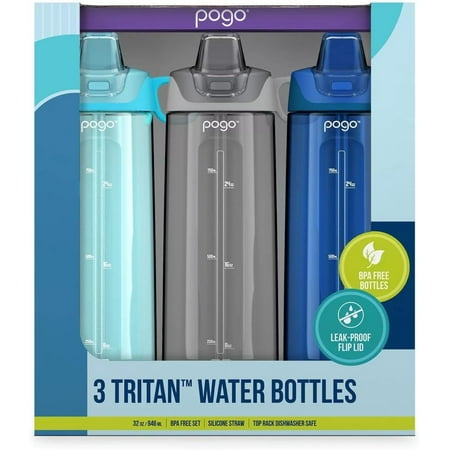 Pogo BPA-Free Tritan Water Bottles with Soft Silicone Straw  32oz  3pk (Sky  Blueberry  Gray)