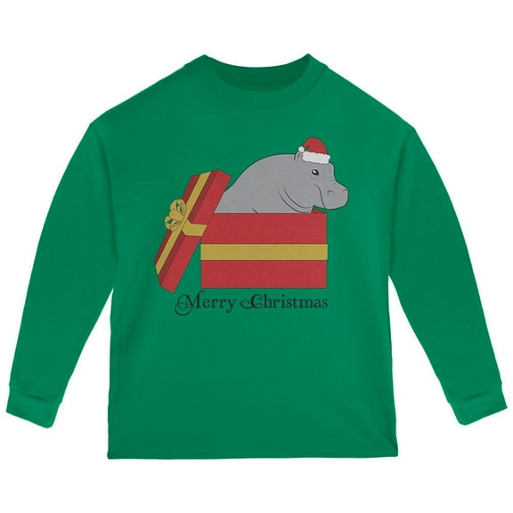 Merry Christmas Hippo Hippopotamus Cute Toddler Long Sleeve T Shirt Green 3T