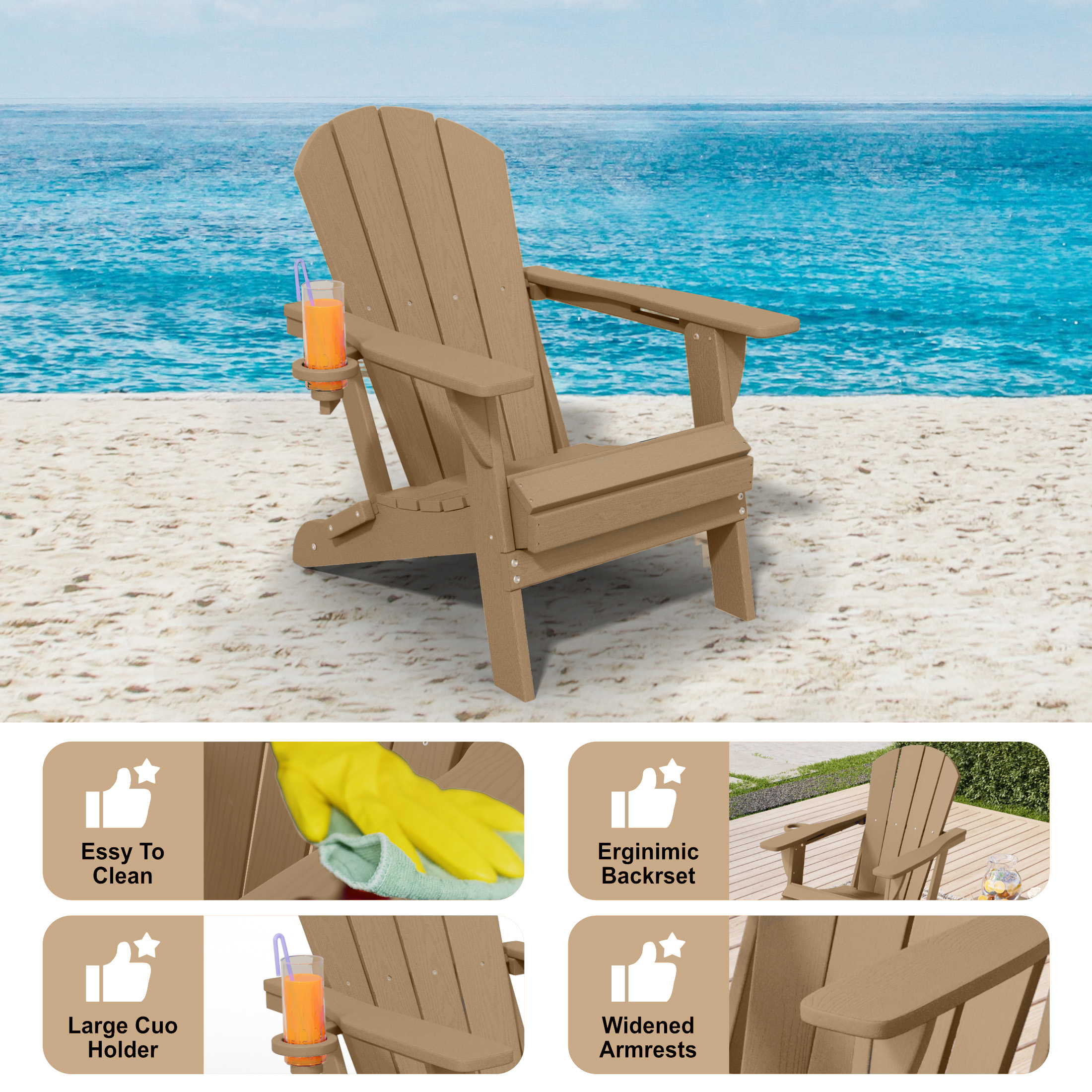 Adirondack Chair,HDPE All-Weather Patio Chairs Outdoor with Cup Holder, Lawn Chair with Weather Resistant for Outside Deck Lawn Garden, Weight Capacity Up to 380 Lbs –Brown