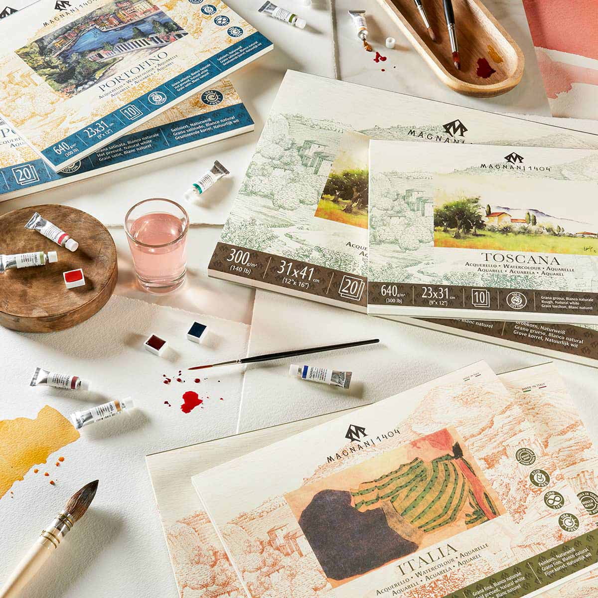 Magnani 1404 Portofino Hot Press 100% Cotton Watercolor Paper Block, 20 Sheets, 7x10" , 140 lb, Acid-Free, UV Resistant, Vegan Sized Water Color Paper for Artists, Made in Italy