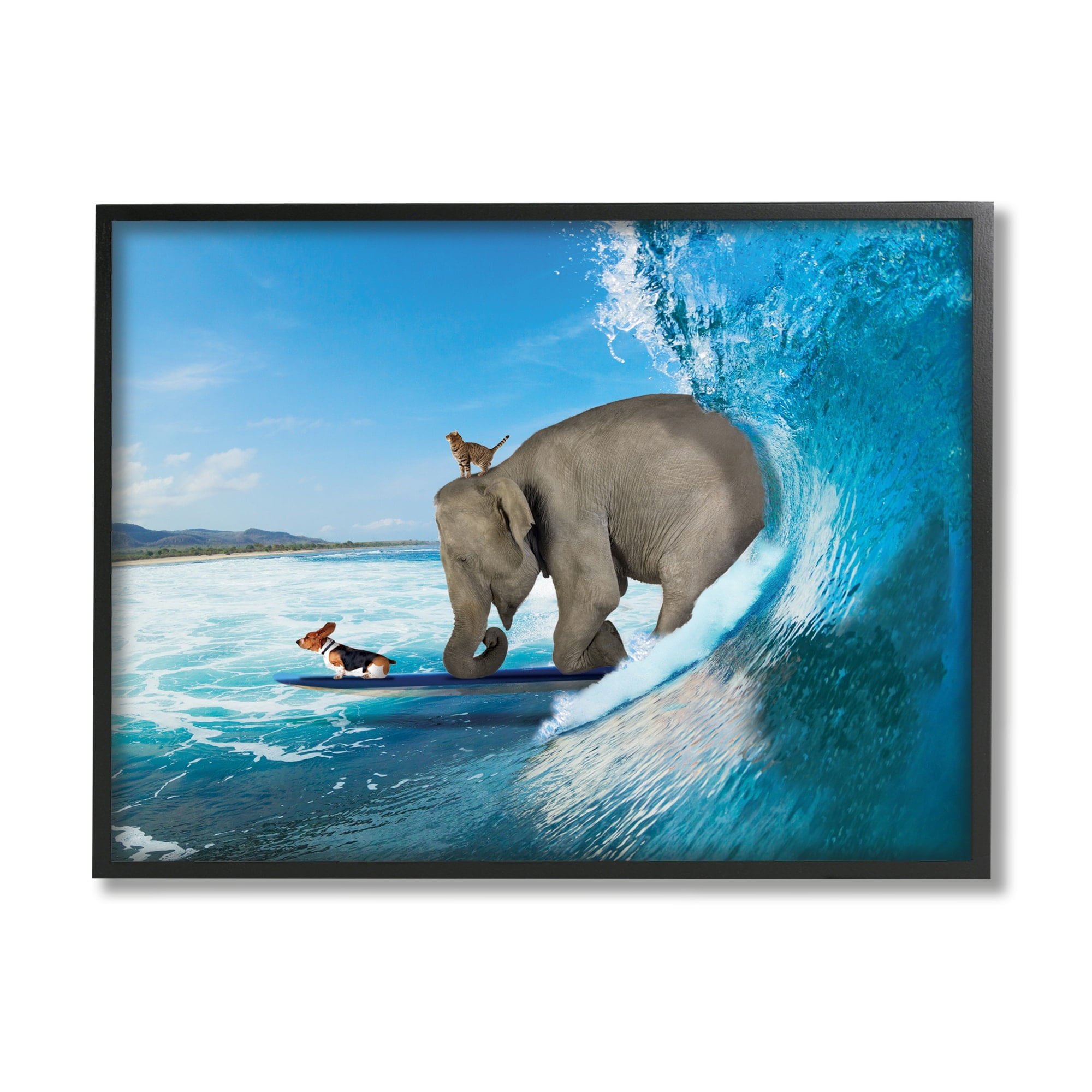 Stupell Industries Animals Riding Ocean Waves Surfing Elephant Cat Dog Graphic Art Black Framed Art Print Wall Art, Design by Nobleworks