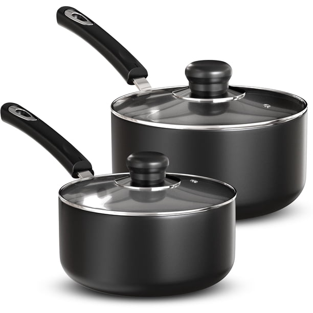 Juego de cacerolas antiadherentes Utopia Kitchen, ollas con tapa, 1 y 2 cuartos de galón. Ollas pequeñas multiusos para cocinar, antiadherentes con tapa, 1 y 2 cuartos de galón, gris y negro.