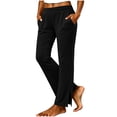 thumbnail image 2 of Women's Split Hem Straight Leg Yoga Pants, Soft Stretchy Ruched Waist Casual Loungewear Trousers with Pockets Black Cotton Pants for Women L, 2 of 6
