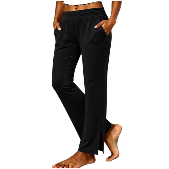 Gytharion Women's Elastic Waist Pants Solid Color Casual Straight Leg Pants with Pockets Fashion Split Hem Stretchy Trousers
