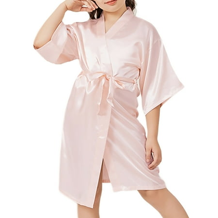 Kids Girl s Silky Satin Kimono Robe for Spa Wedding Birthday Party Solid Color Lingerie Sleepwear Children s Gifts Pink 2 6T-8