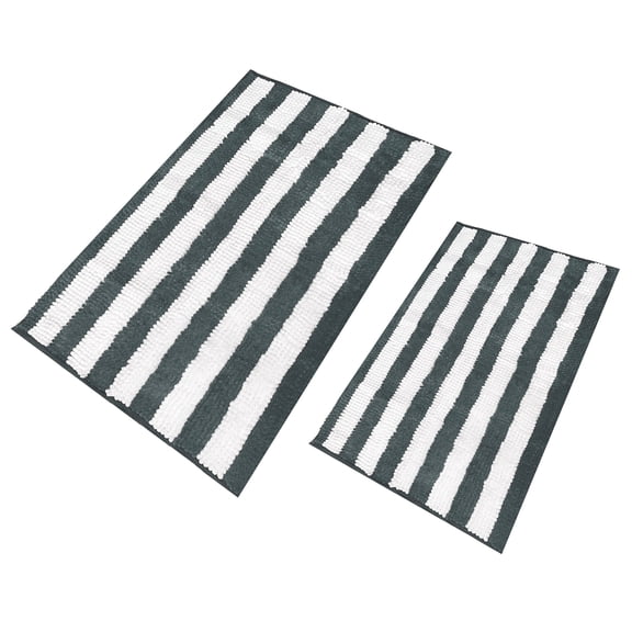 Charcoal Grey White Stripe Soft Cozy Plush Chenille Bath Mat Bathroom Rug - 2 Piece Set